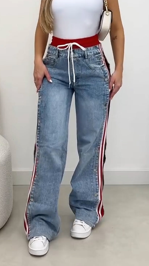 Women Vertical Drawstring Washed Casual Jeans