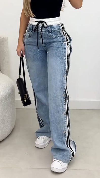 Women Vertical Drawstring Washed Casual Jeans