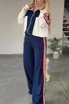 Women Casual Contrast Striped Shiny Textured Jacket + Pants Suit