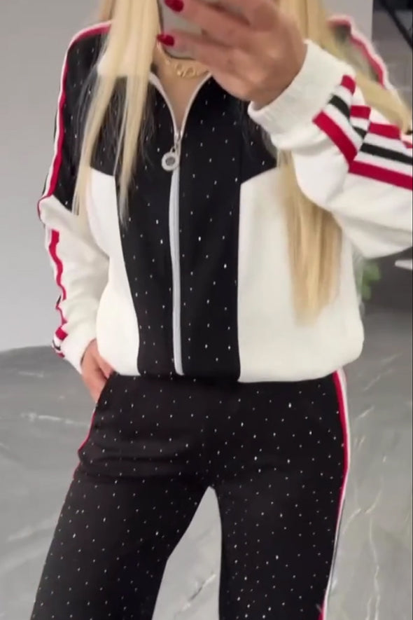 Women Casual Contrast Striped Shiny Textured Jacket + Pants Suit