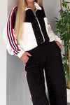 Women Casual Contrast Striped Shiny Textured Jacket + Pants Suit