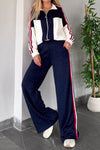 Women Casual Contrast Striped Shiny Textured Jacket + Pants Suit