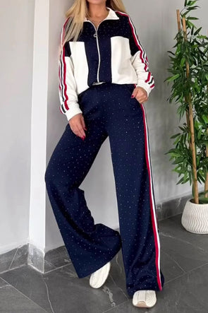 Women Casual Contrast Striped Shiny Textured Jacket + Pants Suit