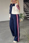 Women Casual Contrast Striped Shiny Textured Jacket + Pants Suit