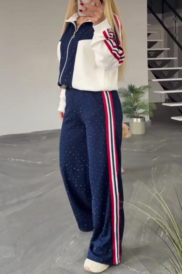 Women Casual Contrast Striped Shiny Textured Jacket + Pants Suit