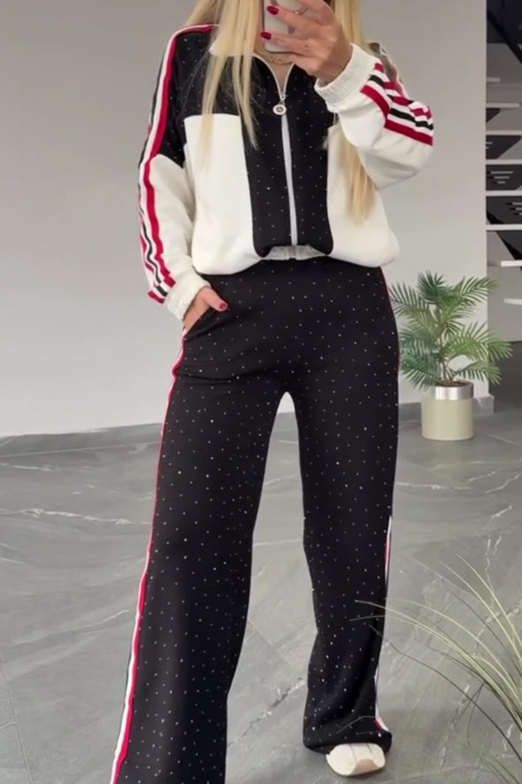 Women Casual Contrast Striped Shiny Textured Jacket + Pants Suit