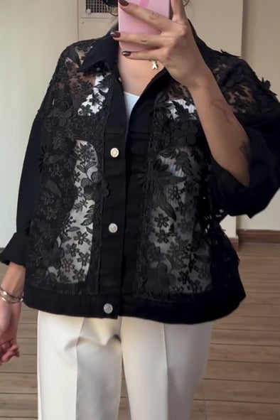 Women Elegant Sheer Embroidered Lapel Jacket