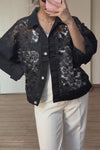 Women Elegant Sheer Embroidered Lapel Jacket
