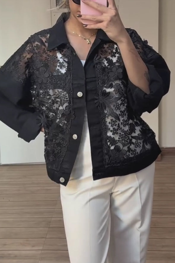 Women Elegant Sheer Embroidered Lapel Jacket