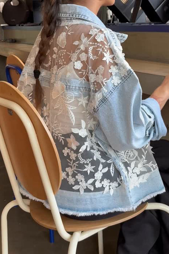 Women Elegant Sheer Embroidered Lapel Jacket