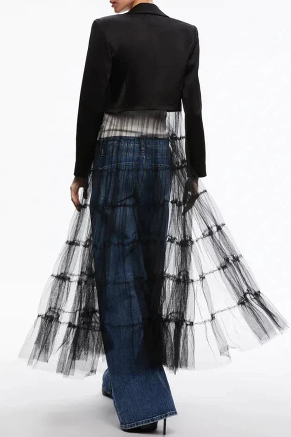 Womens Fashion Party Mesh Splicing Long Hem Coat