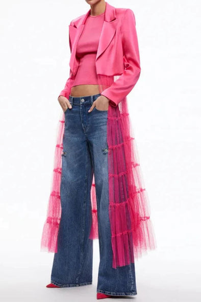 Womens Fashion Party Mesh Splicing Long Hem Coat