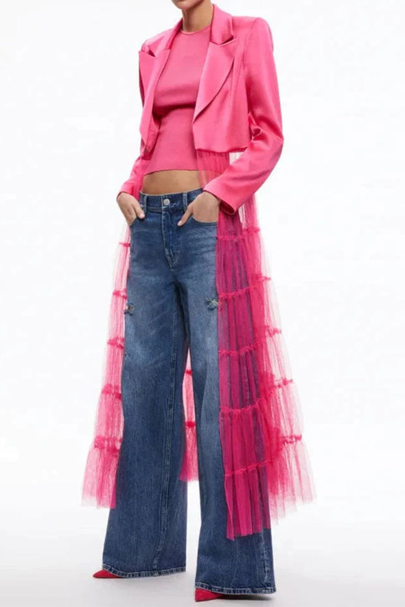 Womens Fashion Party Mesh Splicing Long Hem Coat