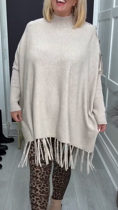 Women Round Neck Knitted Patchwork Tassel Casual Top