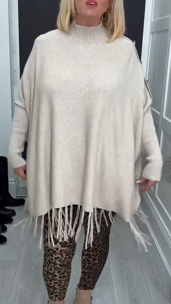 Women Round Neck Knitted Patchwork Tassel Casual Top