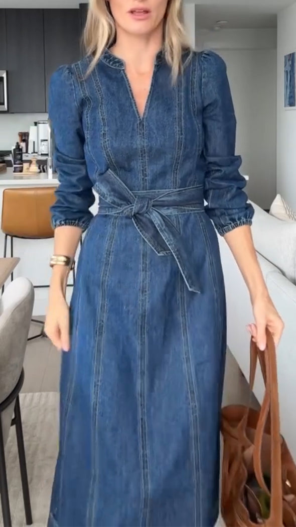 Women V-neck Denim Patchwork Casual Dress