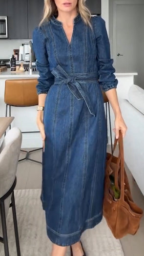Women V-neck Denim Patchwork Casual Dress