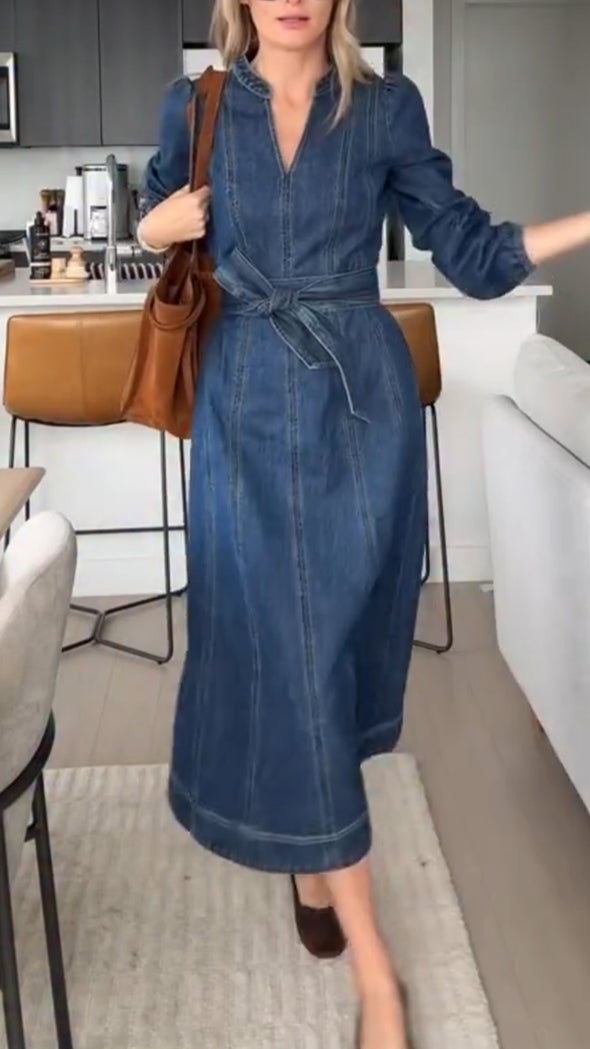 Women V-neck Denim Patchwork Casual Dress