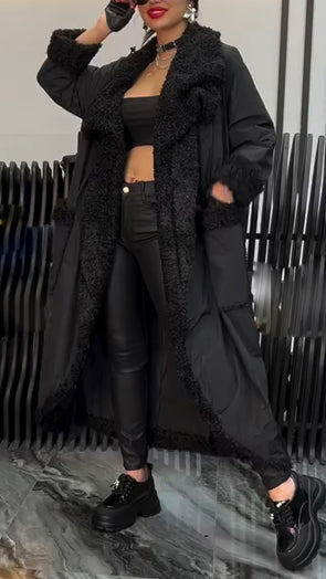 Women Lapel Stitching Plush Casual Long Cotton Coat