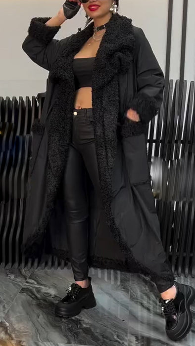 Women Lapel Stitching Plush Casual Long Cotton Coat