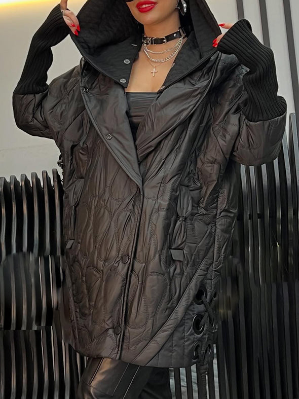 Ladies Hooded Spliced Knit Sleeve Casual Coat