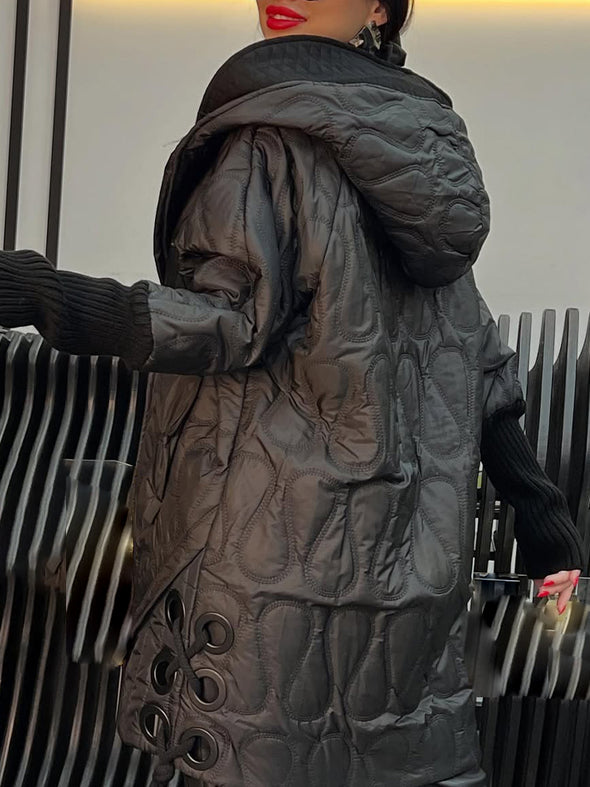 Ladies Hooded Spliced Knit Sleeve Casual Coat