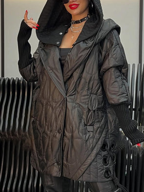 Ladies Hooded Spliced Knit Sleeve Casual Coat