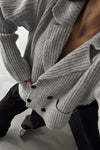 Women Elegant Textured Overlap Double-Breasted Large Pocket Jacket