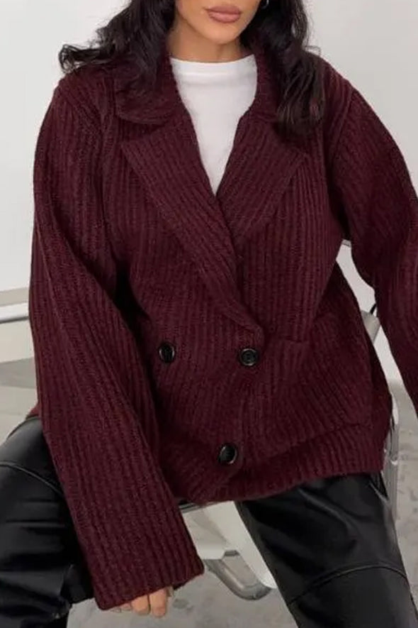 Women Elegant Textured Overlap Double-Breasted Large Pocket Jacket