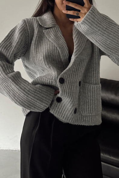 Women Elegant Textured Overlap Double-Breasted Large Pocket Jacket