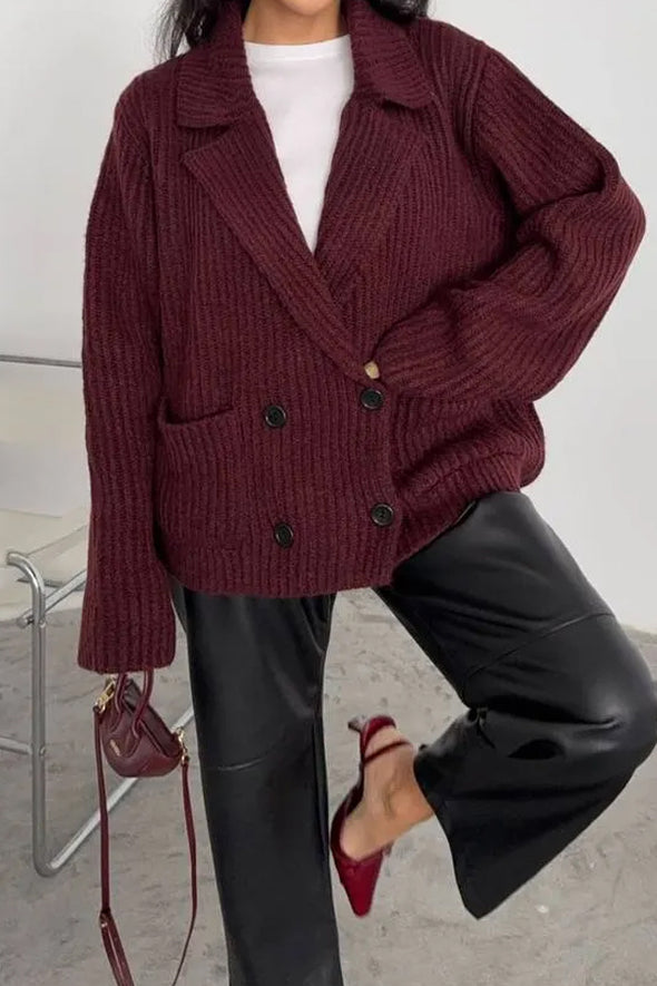 Women Elegant Textured Overlap Double-Breasted Large Pocket Jacket