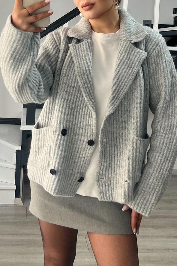 Women Elegant Textured Overlap Double-Breasted Large Pocket Jacket