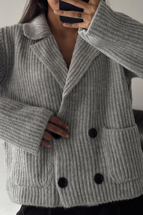 Women Elegant Textured Overlap Double-Breasted Large Pocket Jacket