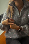Women Casual Turtleneck Metal Zipper Sequined Sweater