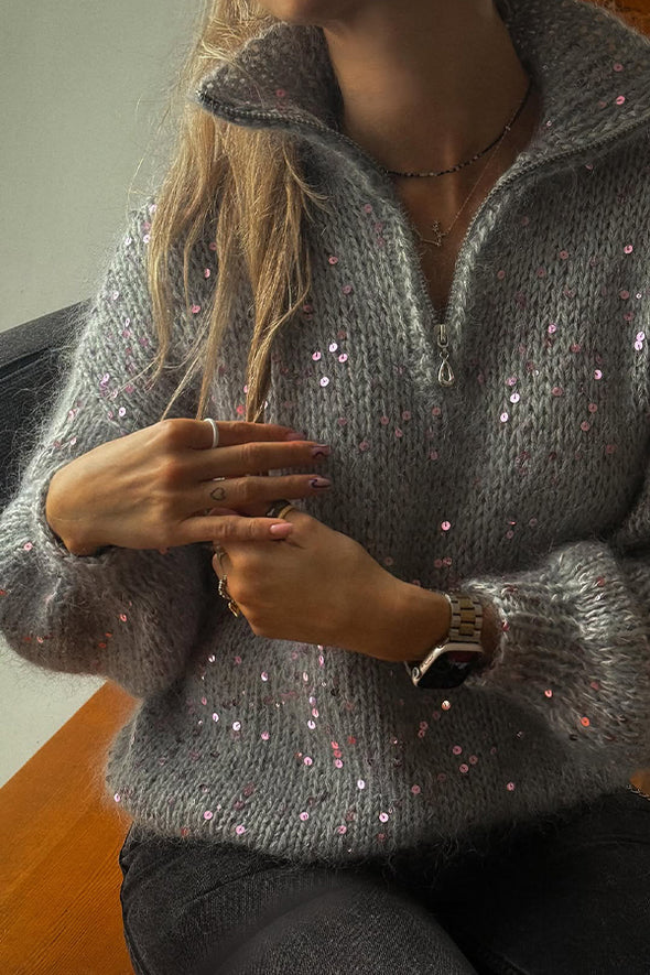 Women Casual Turtleneck Metal Zipper Sequined Sweater