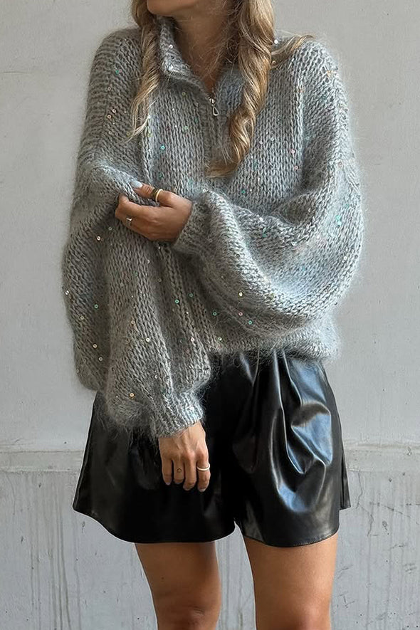 Women Casual Turtleneck Metal Zipper Sequined Sweater