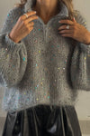Women Casual Turtleneck Metal Zipper Sequined Sweater