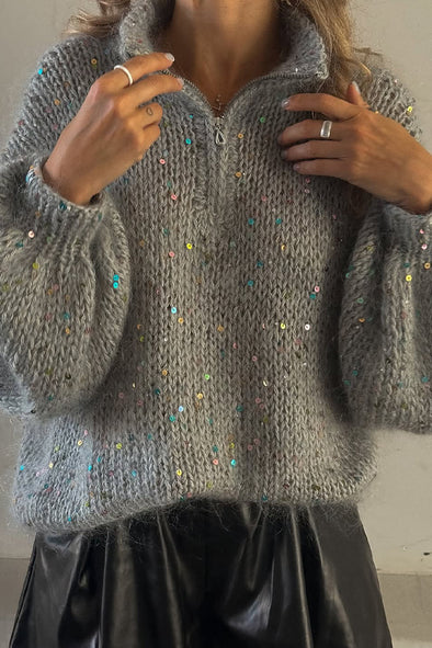 Women Casual Turtleneck Metal Zipper Sequined Sweater