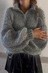 Women Casual Turtleneck Metal Zipper Sequined Sweater