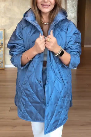 Women Hooded Plaid Solid Color Casual Coat