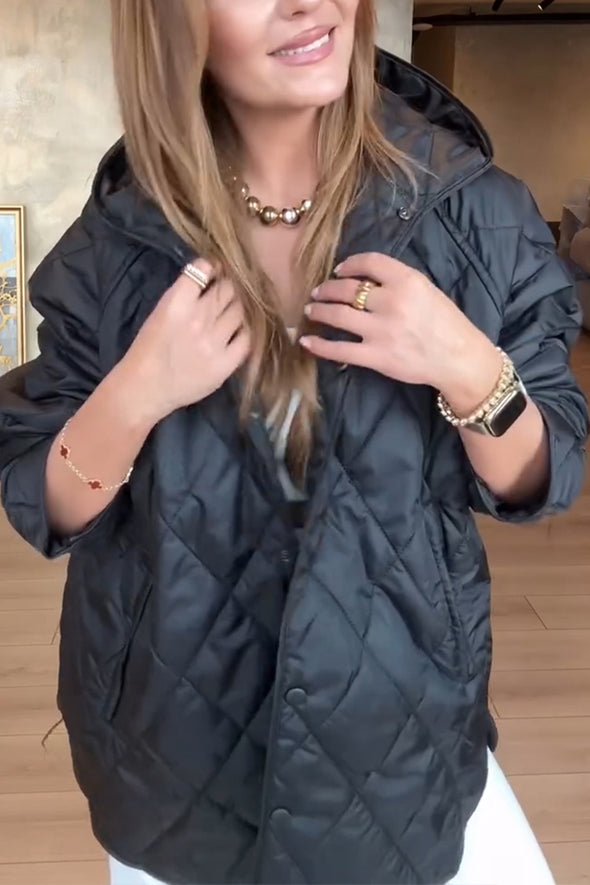 Women Hooded Plaid Solid Color Casual Coat