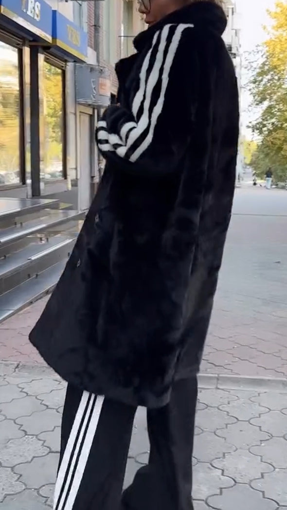 Women Lapel Plush Vertical Striped Casual Coat