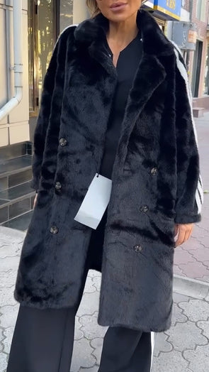 Women Lapel Plush Vertical Striped Casual Coat