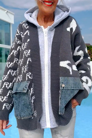 Women Patchwork Knitted Fake Two-piece Casual Jacket