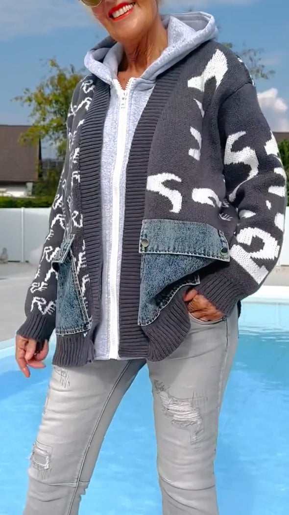 Women Patchwork Knitted Fake Two-piece Casual Jacket