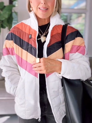 Women Stand Collar Contrast Color Casual Jacket