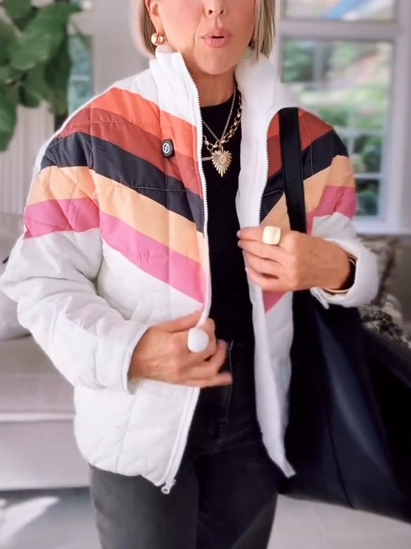 Women Stand Collar Contrast Color Casual Jacket
