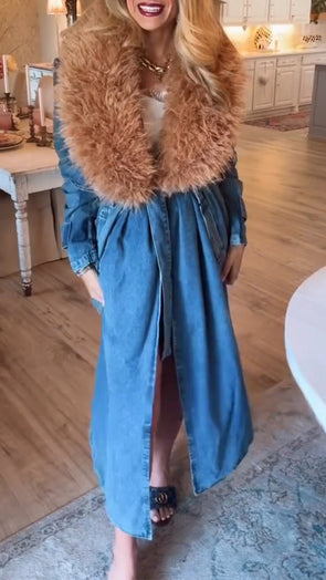Women Fur Collar Denim Temperament Casual Coat