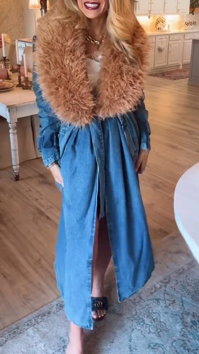 Women Fur Collar Denim Temperament Casual Coat