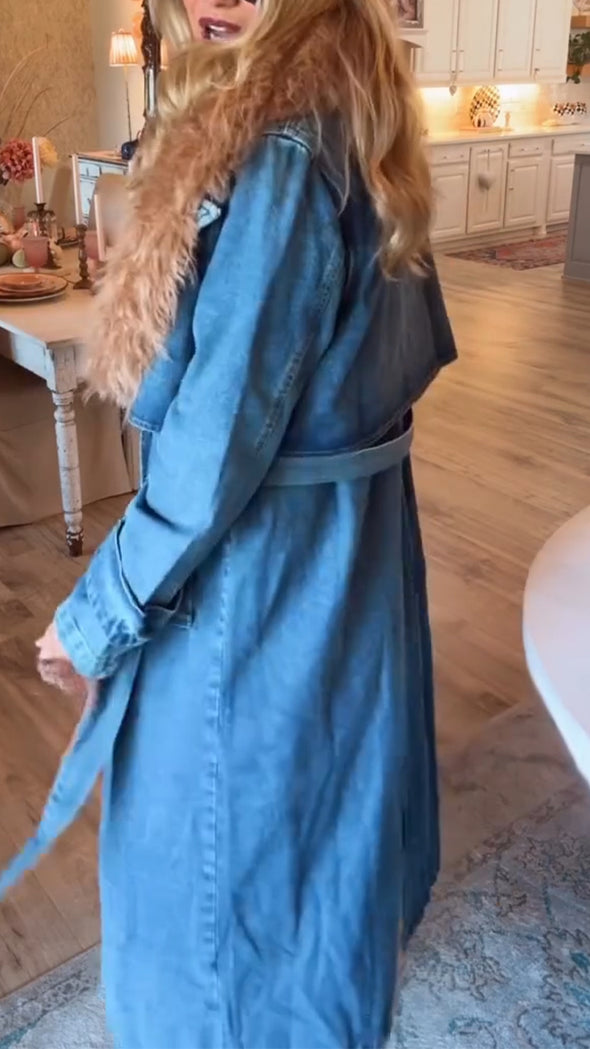 Women Fur Collar Denim Temperament Casual Coat